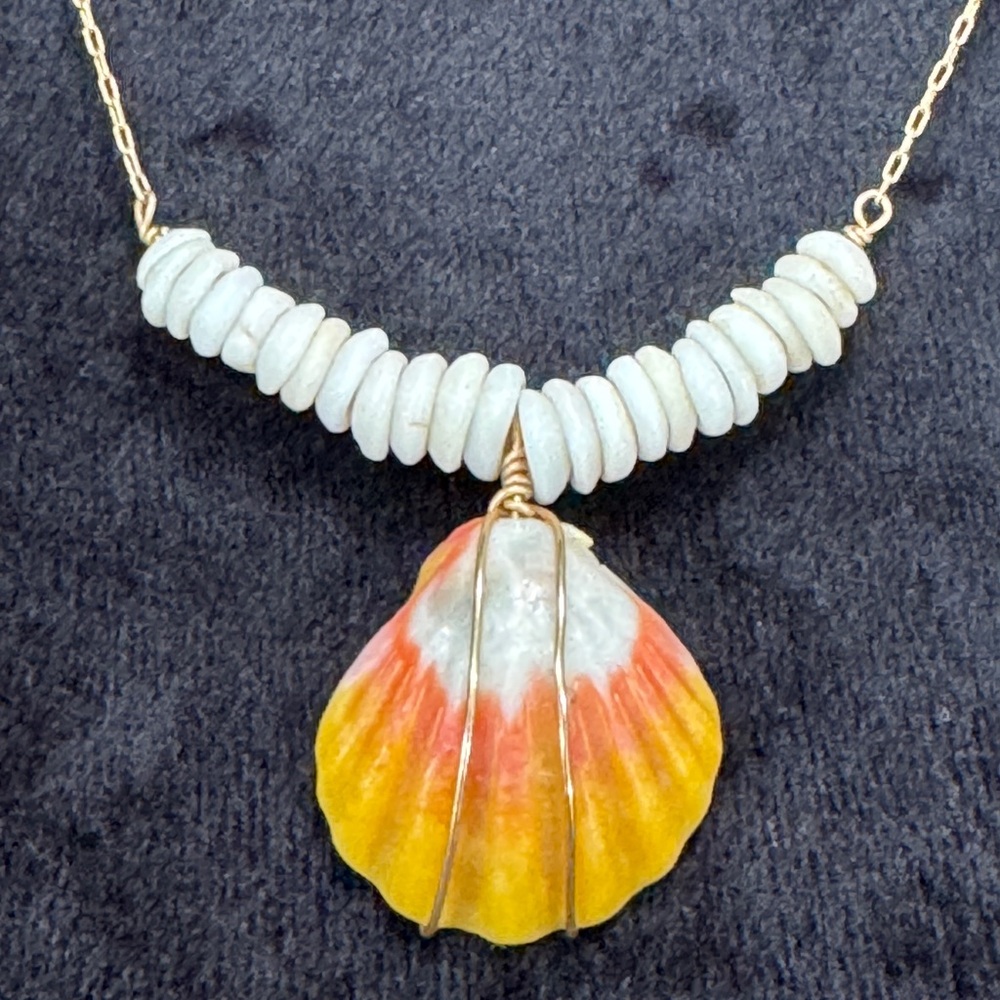 Handmade gold filled necklace sunrise shell with puka shells